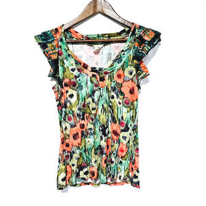 Made In San Francisco Blouse Watercolor Floral Colorful Cap Sleeves Women's Sz S